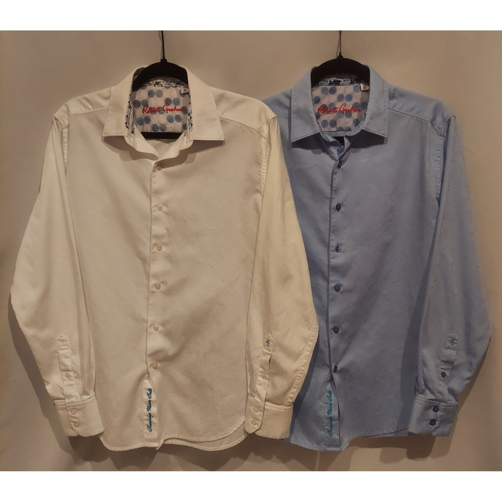 Robert Graham Mens Blue & White Jacquard Button-Down Shirts Lot of 2 Size Medium